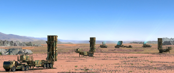 L-SAM 발사대와 L-SAM 다기능 레이다가 배치된 모습. [사진=한화에어로스페이스]