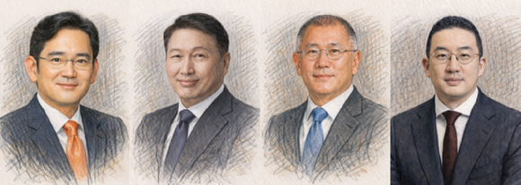 (왼쪽부터) 이재용 삼성전자 회장, 최태원 SK그룹 회장, 정의선 현대차그룹 회장, 구광모 LG그룹 회장의 공식 사진을 챗GPT로 소묘 스타일로 그린 그림. [사진=챗GPT]