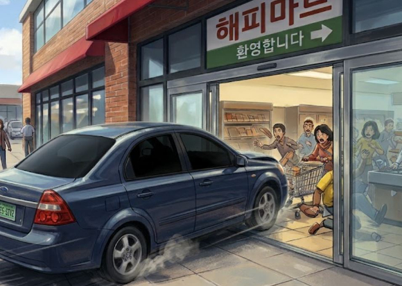 마트 출입구를 향해 차로 돌진한 50대가 1심에서 무죄를 선고받았으나 2심에서 유죄 판결을 받았다. 본 기사와 무관한, AI 생성 이미지. [사진=제미나이 생성 이미지]