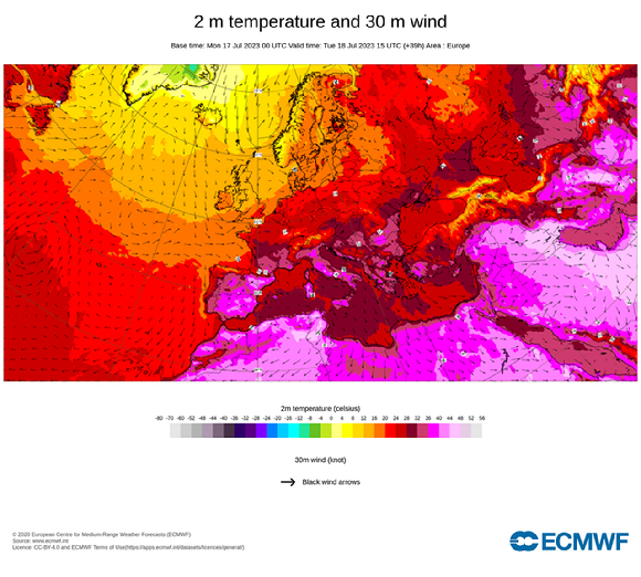 유럽중기예보센터(ECMWF)가 파악한 지난 7월 17~18일 유럽 지역 온도 분포. [사진=ECMWF]