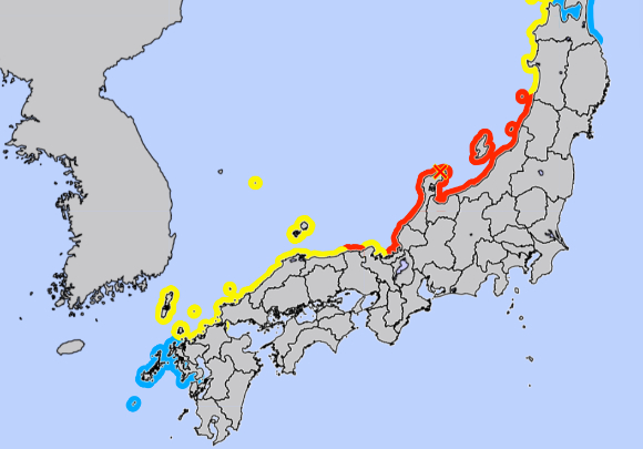 일본 기상청 쓰나미 주의보 지역에 독도 포함. [사진=일본 기상청 홈페이지 캡처]