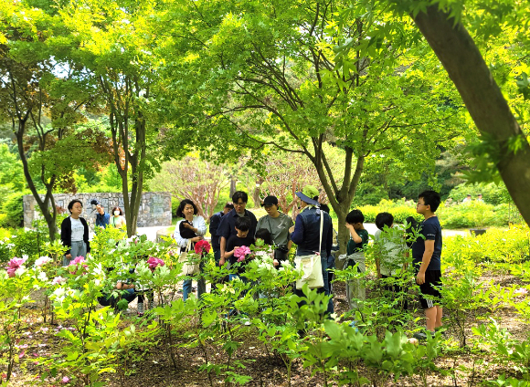 산림조합중앙회는 지난 11일 여주 황학산수목원에서 숲체험행사를 진행했다. 사진은 방문객을 대상으로 숲해설을 진행하고 있는 장면이다. [사진=산림조합중앙회]