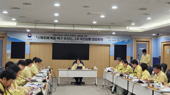 이미라 산림청 차장이 산불피해 복원&middot;복구 추진단 3차 추진상황 점검 회의를 개최하고 있다. [사진=산림청]