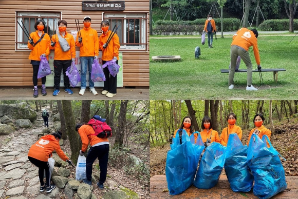 빗썸 임직원들이 산책하며 쓰레기 줍는 '플로깅 데이' 봉사활동에 참여하고 있다. [사진=빗썸 코리아]