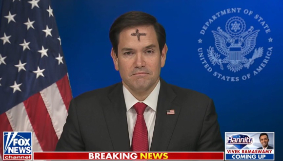 마코 루비오 미국 국무부 장관이 이마에 '검은 십자가'를 그리고 한 뉴스에 출연해 눈길을 끌었다. 사진은 당시 루비오 장관의 모습. [사진=폭스뉴스]