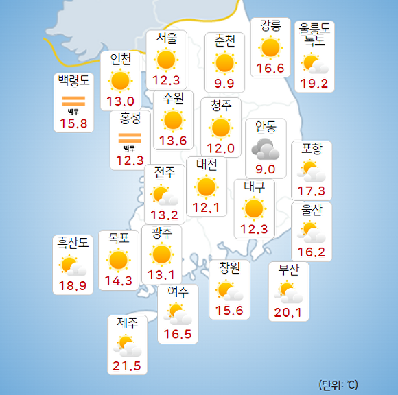 25일 오전 9시 현재 전국 날씨. [사진=기상청 날씨누리]