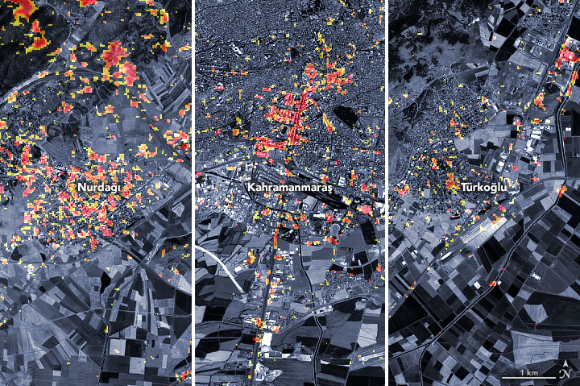 지난 8일 인공위성 데이터 등을 통해 분석한 튀르키예 카라만마라슈 지역(중앙) 등에 대한 지형지도. 붉은 색일수록 피해가 컸던 곳이다. [사진=NASA]