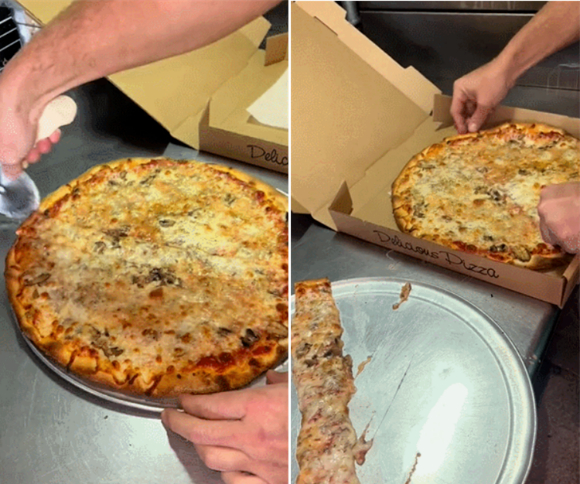 숏폼 플랫폼 틱톡의 인플루언서 '피자 제이 라이언'(pizzajayryan)은 피자를 능숙하게 잘라 크기를 줄인 영상을 올렸다. 이 영상은 미국에서 '배달용 피자 빼먹기' 논란을 불러일으켰다. [사진=제이 라이언 틱톡 영상 캡처]