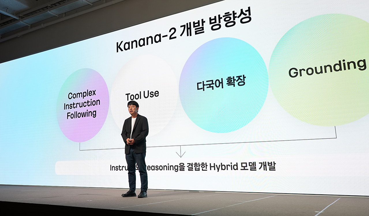 24일 경기 용인시 카카오 AI 캠퍼스에서 진행된 개발자 행사 '이프 카카오'에서 김병학 카나나 성과리더가 발표하고 있다. [사진=카카오]