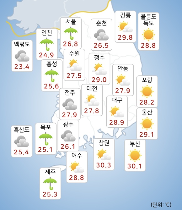 23일 오전 9시 현재 전국 날씨. [사진=기상청 날씨누리]