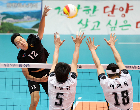 2023-24시즌까지 V리그 흥국생명에서 뛰다 실업리그 수원특례시로 이동한 베테랑 미들 블로커 김나희가 지난 7월 열린 실업연맹전 포항시체육회전에서 블로킹에 성공한 뒤 환호하고 있다. [사진=발리볼코리아닷컴]