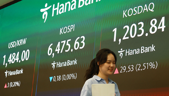 코스피가 24일 중동 긴장이 재고조된 가운데 6,470대에서 약보합 마감했다. 이날 코스피는 전장보다 0.18포인트(0.00%) 내린 6,475.63에 장을 마쳤다. 코스닥지수는 2% 넘게 급등해 2000년 이후 처음으로 종가 기준 1,200선을 넘어섰다. 사진은 24일 서울 하나은행 본점 딜링룸. 2026.4.24 [사진=연합뉴스]