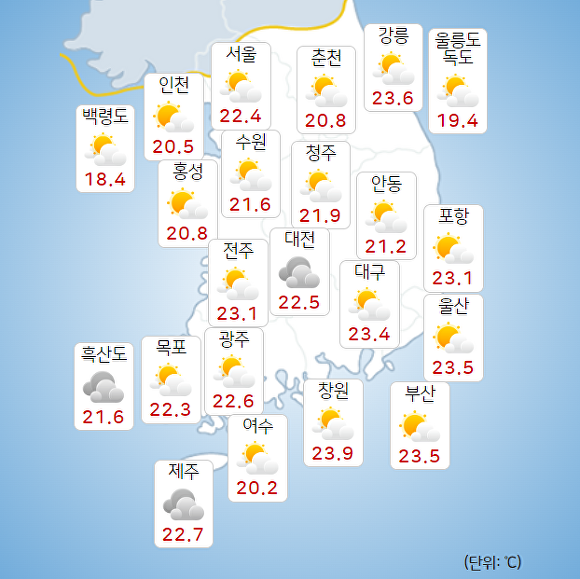 7일 오전 9시 현재 전국 날씨. [사진=기상청 날씨누리]