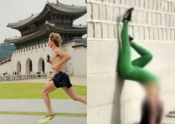 (왼쪽부터) 경복궁 앞에서 상의를 벗고 뛰는 외국인, 경복궁 담에 기대 요가를 하는 베트남 여성 [사진=서경덕 교수 페이스북]