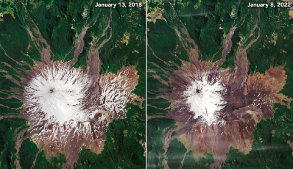 랜드샛8 위성이 찍은 2018년(왼쪽)과 2022년 1월의 비야리카 화산. 눈이 많이 사라진 모습을 확인할 수 있다. [사진=NASA]