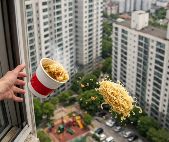 경북 안동의 한 아파트에서 누군가 고층에서 컵라면을 던져 행인이 국물을 뒤집어쓰는 일이 벌어졌으나 피해자가 처벌을 원치 않아 해프닝으로 끝났다. 사진은 컵라면. [사진=My Korean Kitchen]