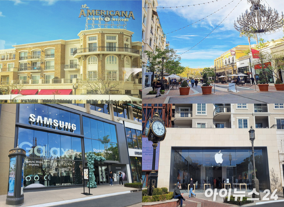 미국 캘리포니아 로스앤젤레스 외곽 글렌데일에 위치한 쇼핑센터인 '아메리카나 앳 브랜드'에서 운영되고 있는 삼성 '갤럭시 익스피리언스 스토어'와 '애플스토어'. 두 매장은 2분 내 거리에 위치해 있으며 마주보고 있다. [사진=장유미 기자]