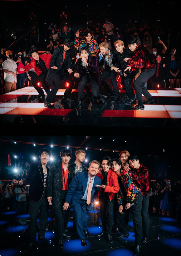 그룹 방탄소년단이 9일(한국시간) 미국 CBS 인기 토크쇼 '더 레이트 레이트 쇼 위드 제임스 코든'에 출연해 무대를 선보이고 있다. [사진=CBS]