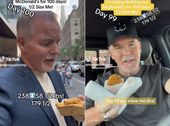맥기니스가 맥도날드 음식만 먹기 도전을 한지 각각 100일째(왼쪽), 99일째 되던 날의 영상. [사진=맥기니스 틱톡 캡처]
