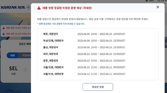 태풍 영향으로 항공편의 비정상 운항이 예상되며 각 항공사들은 홈페이지를 통해 운항 정보 등을 안내하고 있다. [사진=대한항공 홈페이지 갈무리]