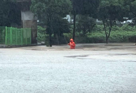 전남 동부권에 호우경보가 내려진 지난 16일 오후 여수시 중흥동 중흥천 인근 도로가 침수돼 소방대원이 안전조치를 하고 있다. [사진=여수소방서]