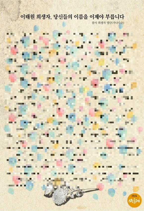 온라인 매체 &lsquo;민들레&rsquo;는 14일 홈페이지에 &lsquo;이태원 압사 참사&rsquo; 희생자 155명의 명단을 공개했다. [사진=민들레 홈페이지 캡처]