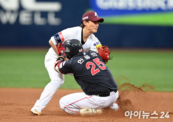 2일 오후 서울 고척스카이돔에서 2022 신한은행 SOL KBO리그 키움 히어로즈와 롯데 자이언츠의 개막전 경기가 열렸다. 롯데 한동희가 8회초 2사 2,3루 상황에서 2타점 2루타를 날린 후 키움 유격수 김주형과 충돌하고 있다. [사진=김성진 기자]