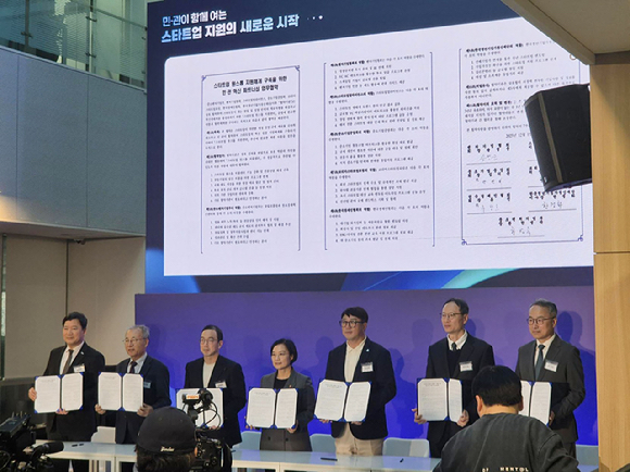 사진 왼쪽부터 양찬회 중소기업중앙회 본부장, 한정화 한국청년기업가정신재단 이사장, 송병준 벤처기업협회 회장, 한성숙 중소벤처기업부 장관, 한상우 코리아스타트업포럼 의장, 추광호 한경협중소기업협력센터 센터장, 이기대 스타트업얼라이언스 센터장 [사진=한국경제인협회]