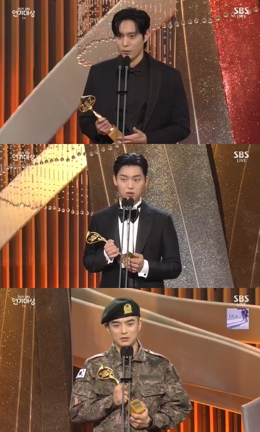 '2021 SBS 연기대상' 김영대 손상연 최현욱이 남자 신인상을 수상했다. [사진=SBS]