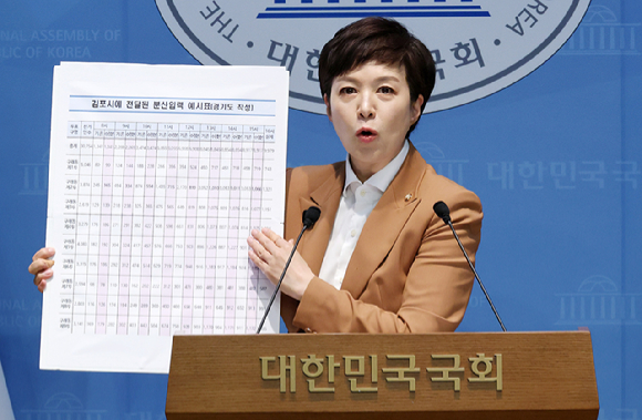국민의힘 김은혜 의원이 3일 국회 소통관에서 중앙선거관리위원회의 투표율 조작 지시 의혹과 관련한 기자회견을 열고 진천군과 김포시에 전달된 투표자 수 분산 입력 예시표를 들어 보이고 있다. 2026.8.3 [사진=연합뉴스]
