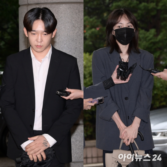 가수 남태현과 방송인 서민재가 지난해 서울서부지방법원에서 열린 마약류 관리에 관한 법률 위반 혐의 첫 공판기일에 출석하고 있다. [사진=정소희 기자]