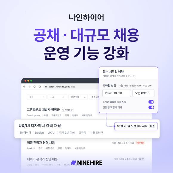 나인하이어, 대규모 채용 관리 기능 강화⋯공고 접수·마감 자동화 - 뉴스 썸네일 이미지