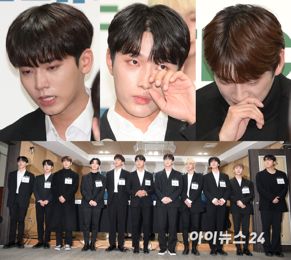 소속사 대표로부터 폭언과 폭행을 당했다는 논란이 불거진 보이그룹 오메가엑스(OMEGA X)가 16일 오후 서울 서초구 변호사 회관에서 소속사와 전속계약 해지 관련 기자회견을 열었다. 오메가엑스가 서주연 변호사, 노종언 변호사와 참석하고 있다. [사진=정소희 기자]