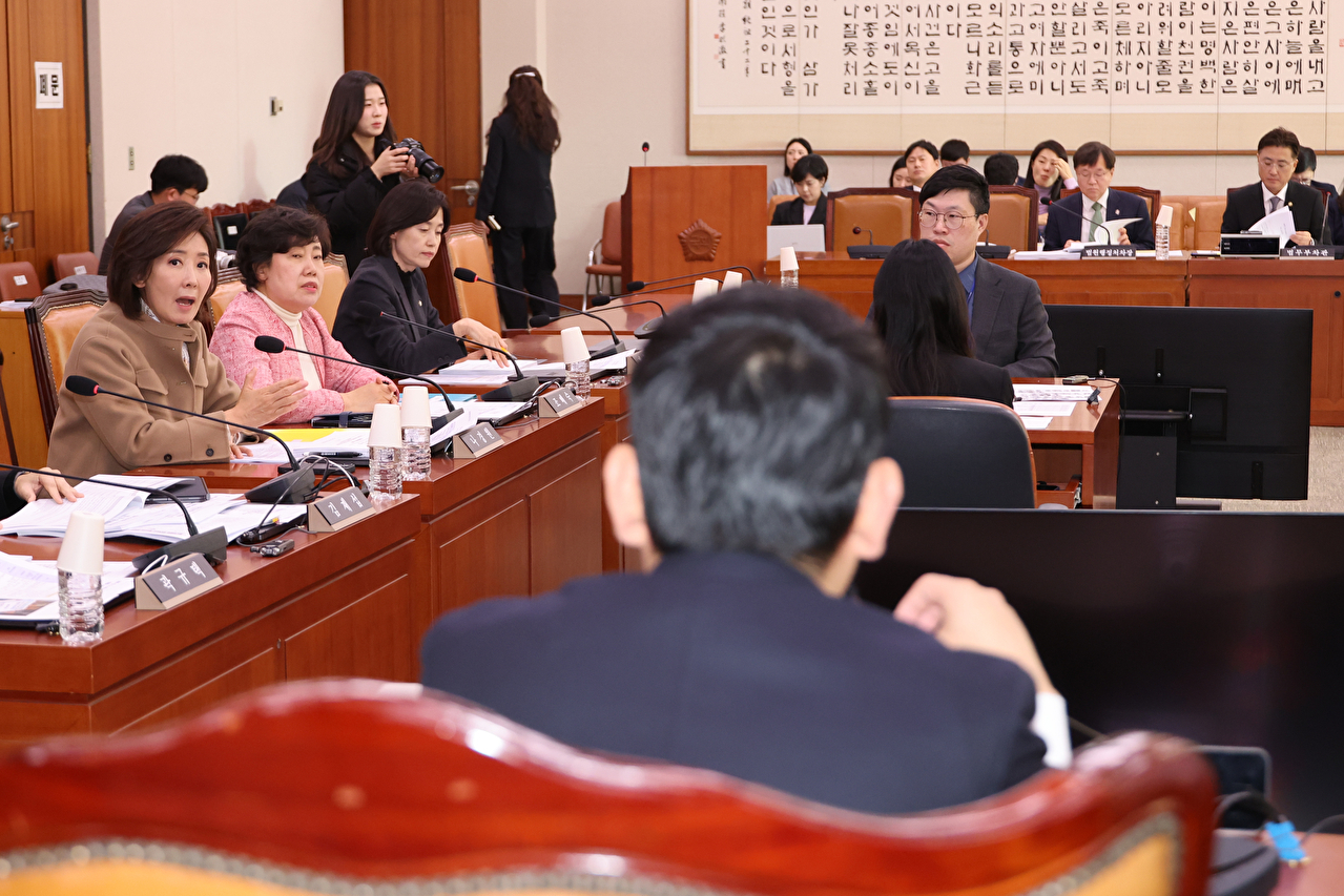 국민의힘 나경원 의원이 1일 서울 여의도 국회 법제사법위원회에서 열린 법안심사제1소위원회의에서 여당 주도의 '내란 전담 재판부' 설치법 논의에 반대하며 더불어민주당 소속 김용민 소위원장에게 항의하고 있다. 2025.12.1 [사진=연합뉴스]