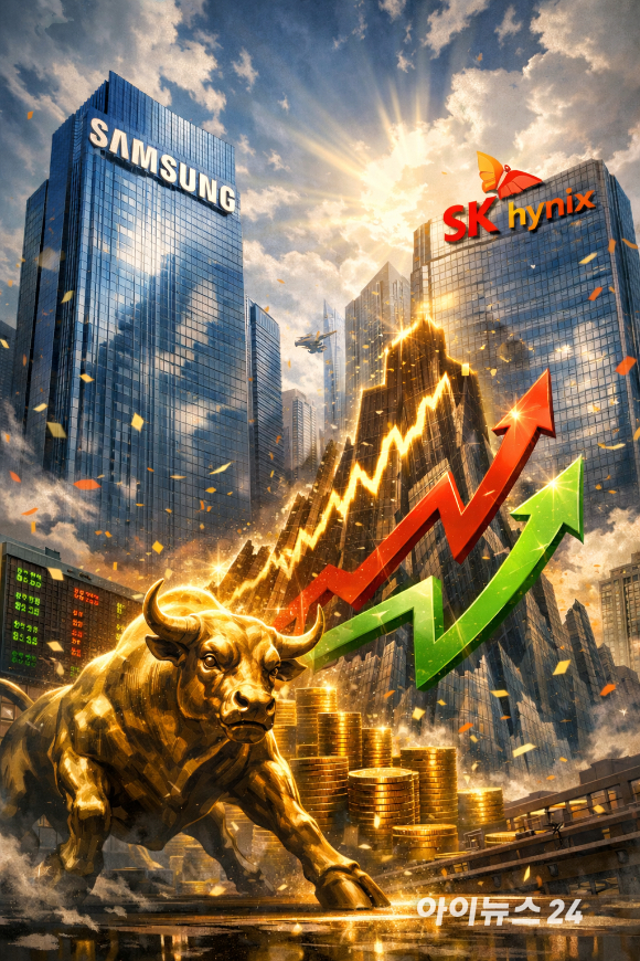 삼성전자와 SK하이닉스의 최고가 경신에 대해 챗GPT로 그린 그림. [사진=챗GPT]