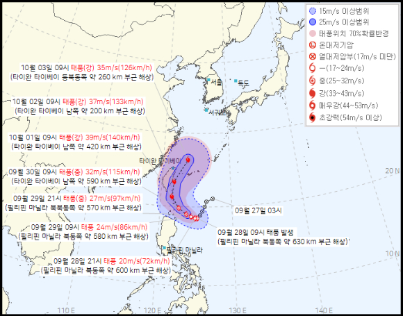 제18호 태풍 '끄라톤' 예상 이동경로. [사진=기상청]