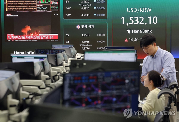 원&middot;달러 환율이 1530원을 넘어선 31일 서울 중구 하나은행 딜링룸에서 직원이 업무를 보고 있다. [사진=연합뉴]