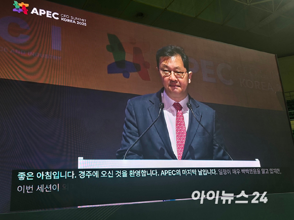 최재원 SK수석부회장이 31일 경주예술의전당에서 진행된 APEC CEO 서밋 '아시아 퍼시픽 LNG 커넥트' 세션에서 발언하고 있다. [사진=최란 기자]