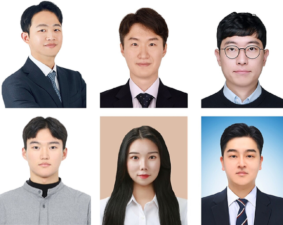 가천대 화공생명배터리공학부 이동수 교수, 박찬호 교수, 최정현 교수 (사진 위 좌측부터), 이찬호 석사과정생, 남유리 석사(가천대), 한국지질자원연구원 정인철 선임 연구원 (사진 아래 좌측부터) [사진=가천대]