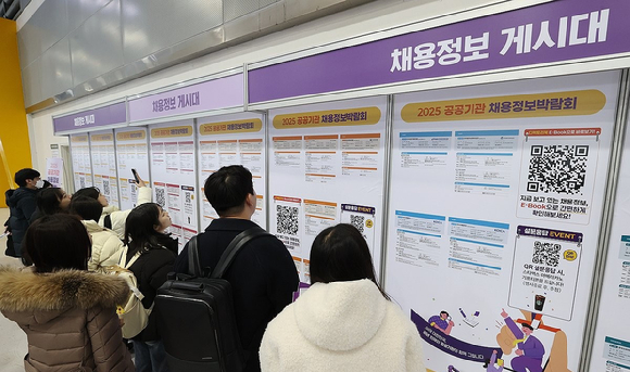 지난 1월 서울 서초구 aT센터에서 열린 '2025 공공기관 채용정보박람회'를 찾은 취업 준비생들이 채용공고를 살펴보고 있다. [사진=연합뉴스]