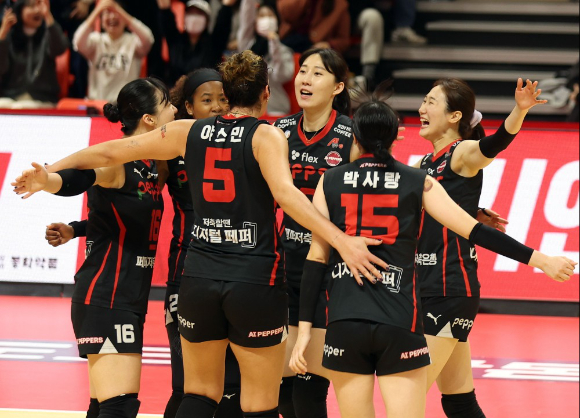 여자프로배구 페퍼저축은행은 오는 7일 열리는 흥국생명과 홈 경기에서 푸마 브랜드데이 행사를 진행한다. 2023-24시즌 V리그 홈 경기에서 공격 성공 후 환호하고 있는 페퍼저축은행 선수들. [사진=발리볼코리아닷컴]