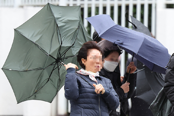 서울 종로구 한 거리에서 시민들의 우산이 비바람에 뒤집히고 있다. [사진=뉴시스]