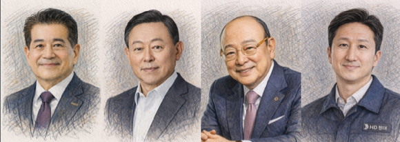 (왼쪽부터) 이재용 삼성전자 회장, 최태원 SK그룹 회장, 정의선 현대차그룹 회장, 구광모 LG그룹 회장의 공식 사진을 챗GPT로 소묘 스타일로 그린 그림. [사진=챗GPT]