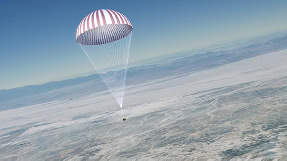 오시리스-렉스 탐사선이 방출한 캡슐이 오는 24일 지구 대기권을 통과한 뒤 낙하산을 이용해 유타사막에 착륙한다. [사진=NASA]