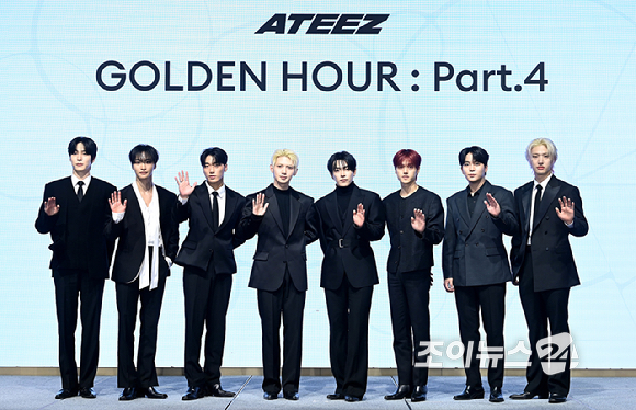 에이티즈가 5일 오후 서울 여의도 페어몬트 엠버서더 서울에서 열린 미니 13집 '골든 아워 : 파트 4(GOLDEN HOUR : Part.4)' 발매 기념 기자간담회에서 포즈를 취하고 있다. [사진=곽영래 기자]