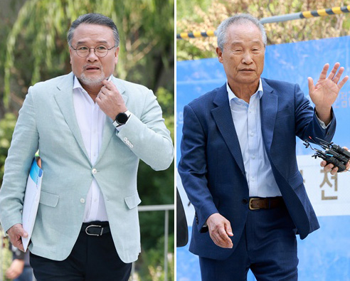 이일준 삼부토건 회장(왼쪽)과 조성옥 전 삼부토건 회장이 10일 김건희 여사 관련 의혹을 수사 중인 민중기 특별검사팀의 조사를 받기 위해 서울 종로구 KT광화문빌딩 웨스트에 마련된 특검 사무실에 출석하고 있다. 2025.7.10 [사진=연합뉴스]