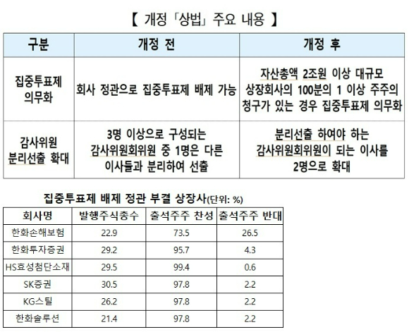 지난해 상법 개정으로 대규모 상장사의 집중투표제 의무화가 시행됐다. 하지만 일부 상장사는 정관 변경에 실패해 불법 정관을 유지하고 있다.