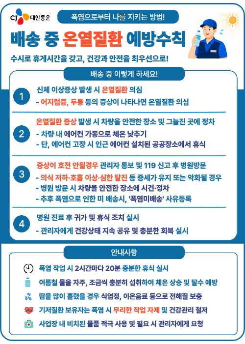 CJ대한통운이 택배기사 업무용 앱을 통해 공지한 온열질환 예방수칙 내용 [사진=CJ대한통운]