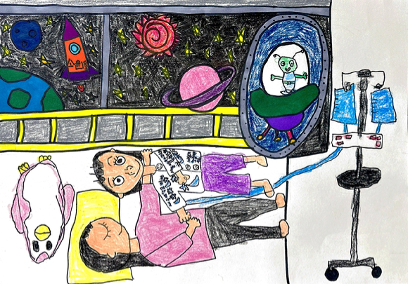 농심 세계 소아암의 날 그림공모전 유아부 대상을 받은 구소윤 어린이의 '무균실 속 우주여행' 작품. [사진=농심]