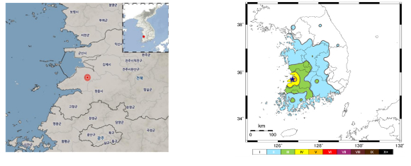 전북 부안 규모 4.8 지진 발생위치(왼쪽)와 진도 상세정도. [사진=기상청]